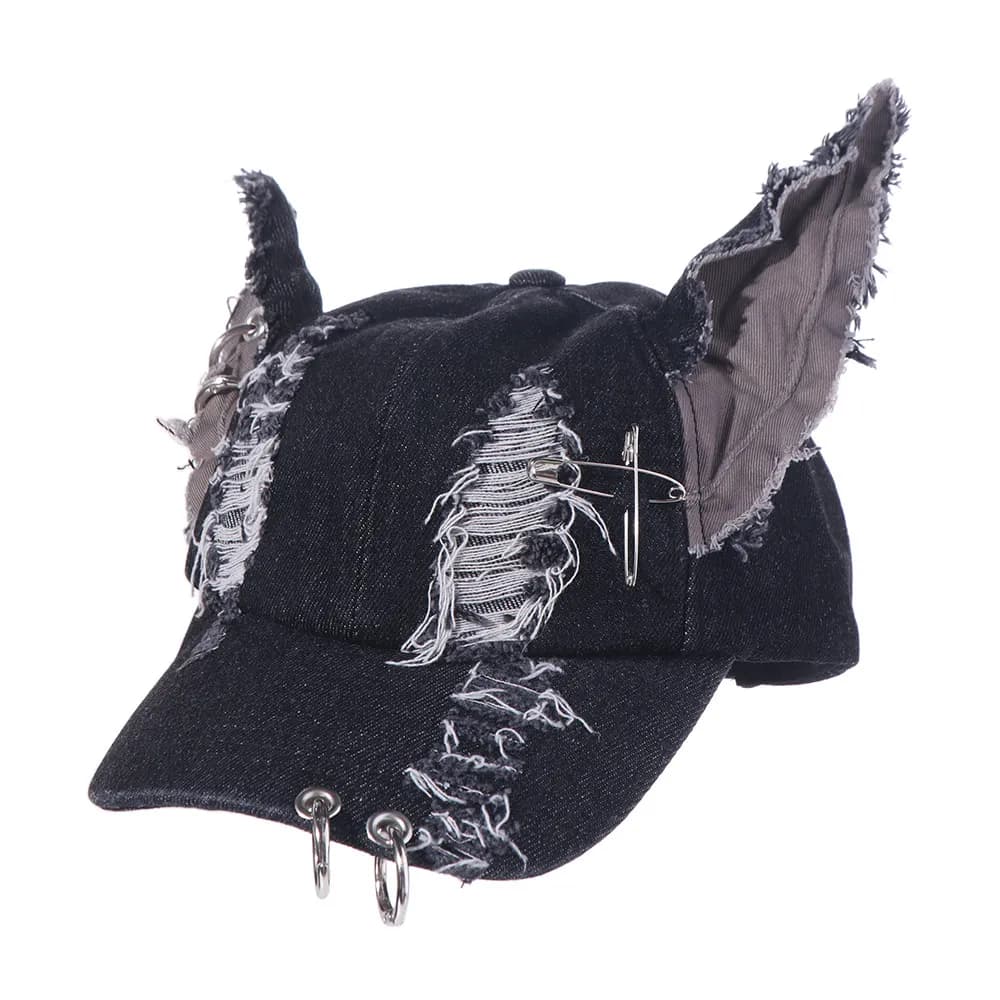 Rabbit Ripped Denim Baseball Cap Y2K Puppy Chains Doberman Ears Hat Sunscreen Punk Bunny Ears Snapback Cap Street