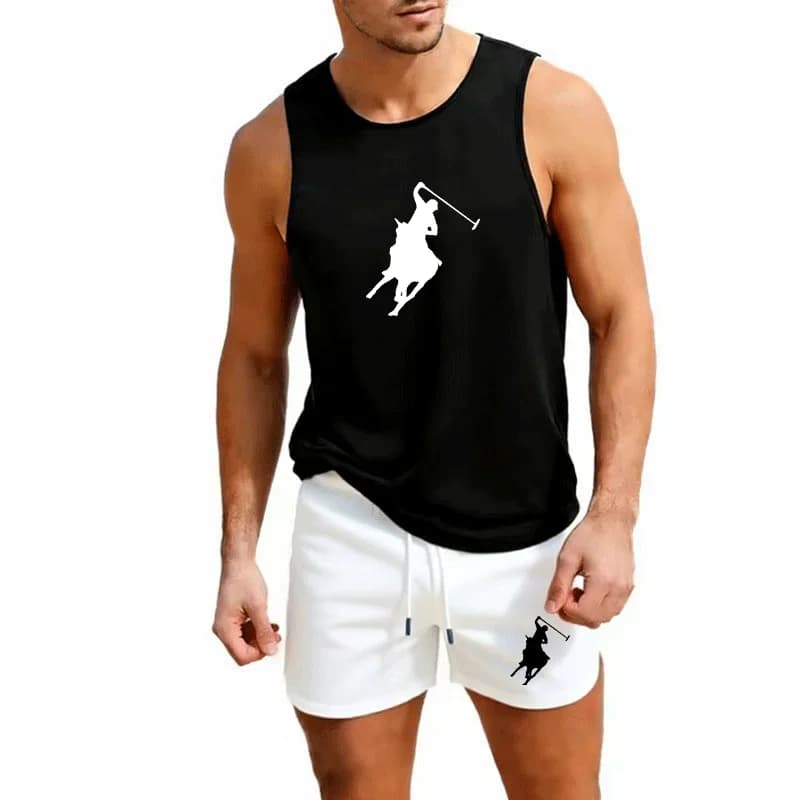 European summer suit, vests and shorts, 2 pieces, outdoor jogging sportswear, casual fashion, men's clothing.