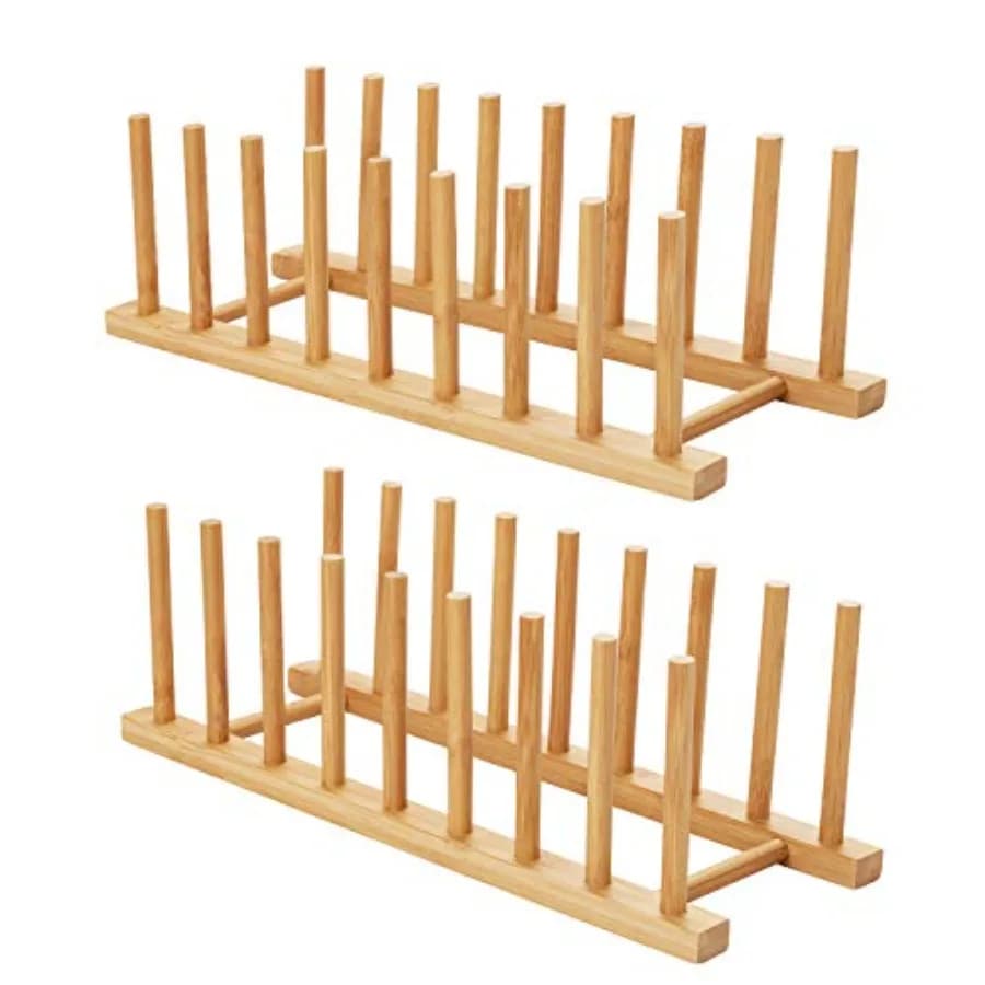 2pcs Bamboo Dish Plate Bowl Cup Book Pot Lid Cutting Board Drying Rack Stand Drainer Storage Holder Organizer Kitchen Cabinet K