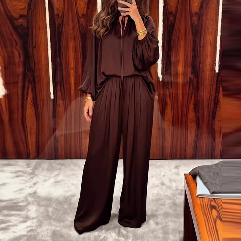 Fashion Commute Wide Leg Pant 2Pc Set V-neck Lace Up Hollow Blouse & Long Pant Suit Lady Casual Long Sleeve Solid Simple Outfits