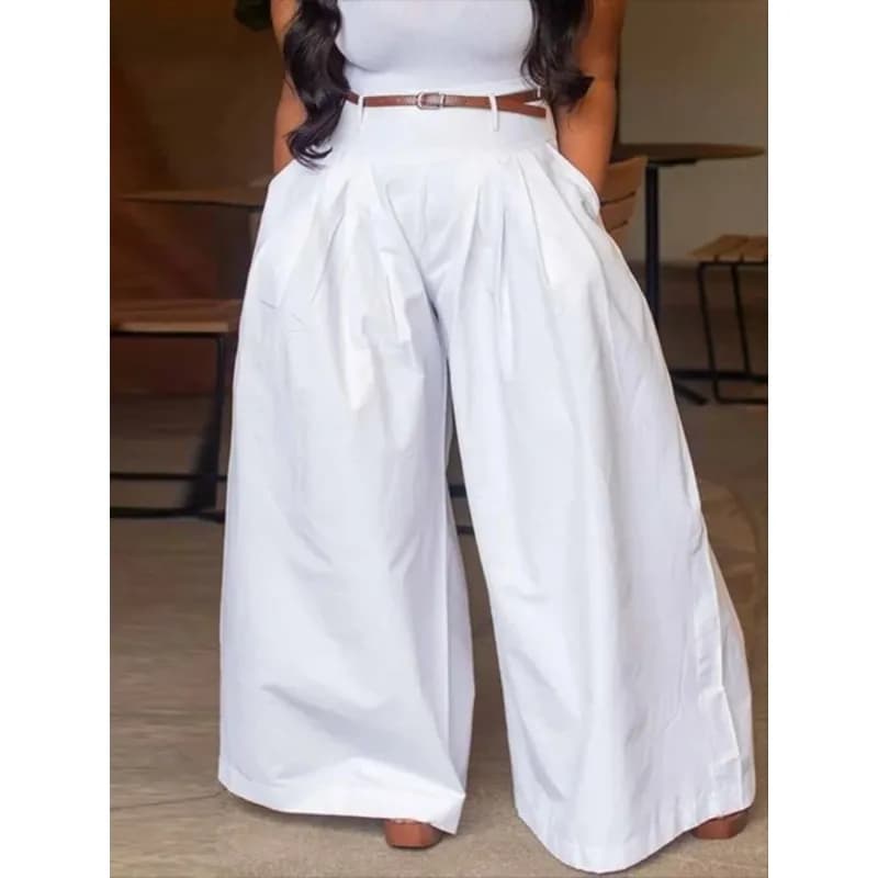 Pantaloni Palazzo da Donna Bianchi a Vita Alta, Gamba Larga, con Cerniera, Tinta Unita, Plissettati, Fluido, Casual, Streetwear, Senza Cintura