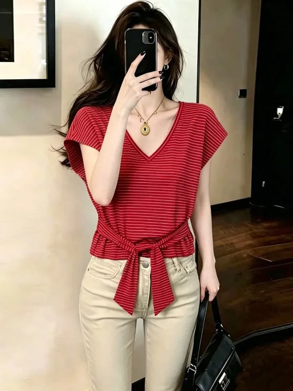 plus Size Women's American Retro Lazy Style White Stripes V-Neck T-Shirt Summer Belted Slimming Top Trendy Commute Style Shor...