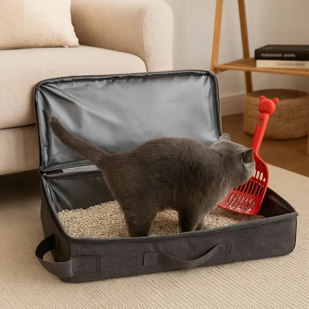 Oxford Cloth Foldable Cat Litter Box Large Capacity Rectangular Travel Litter Pan with Shovel Waterproof Mobile Cat Toilet