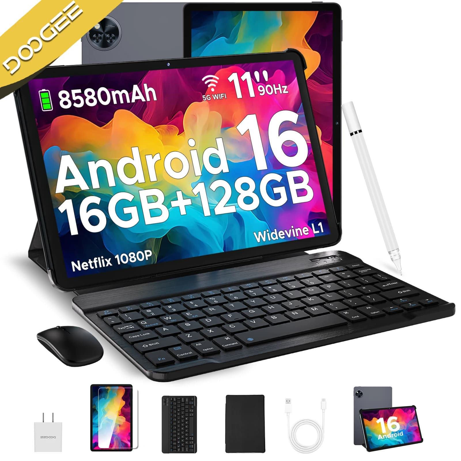 DOOGEE U11 Tablet PC Android 16 da 11 pollici con display ultra-chiaro a 90Hz, batteria da 8580mAh, 16GB (4+12) 128GB, Widevine L1, Unisoc T606 octa-core