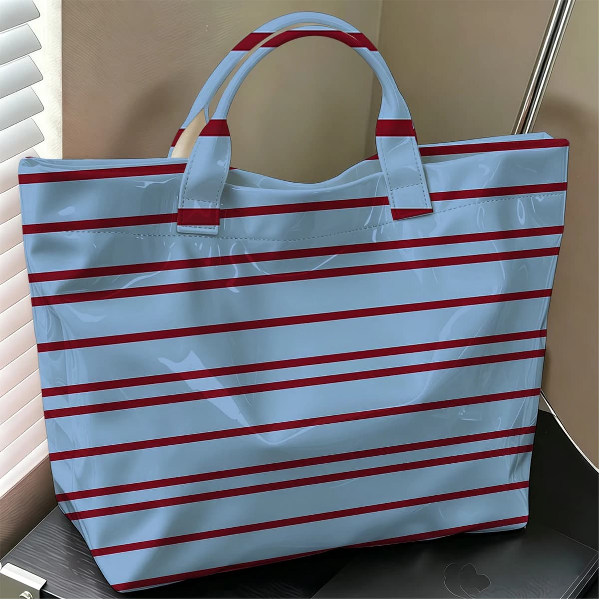 Burgundy Sky Stripe Hot Sale Large Glossy PVC Tote Bag Hand Washable Waterproof Great for Travel Commute Makeup Storage Handbags