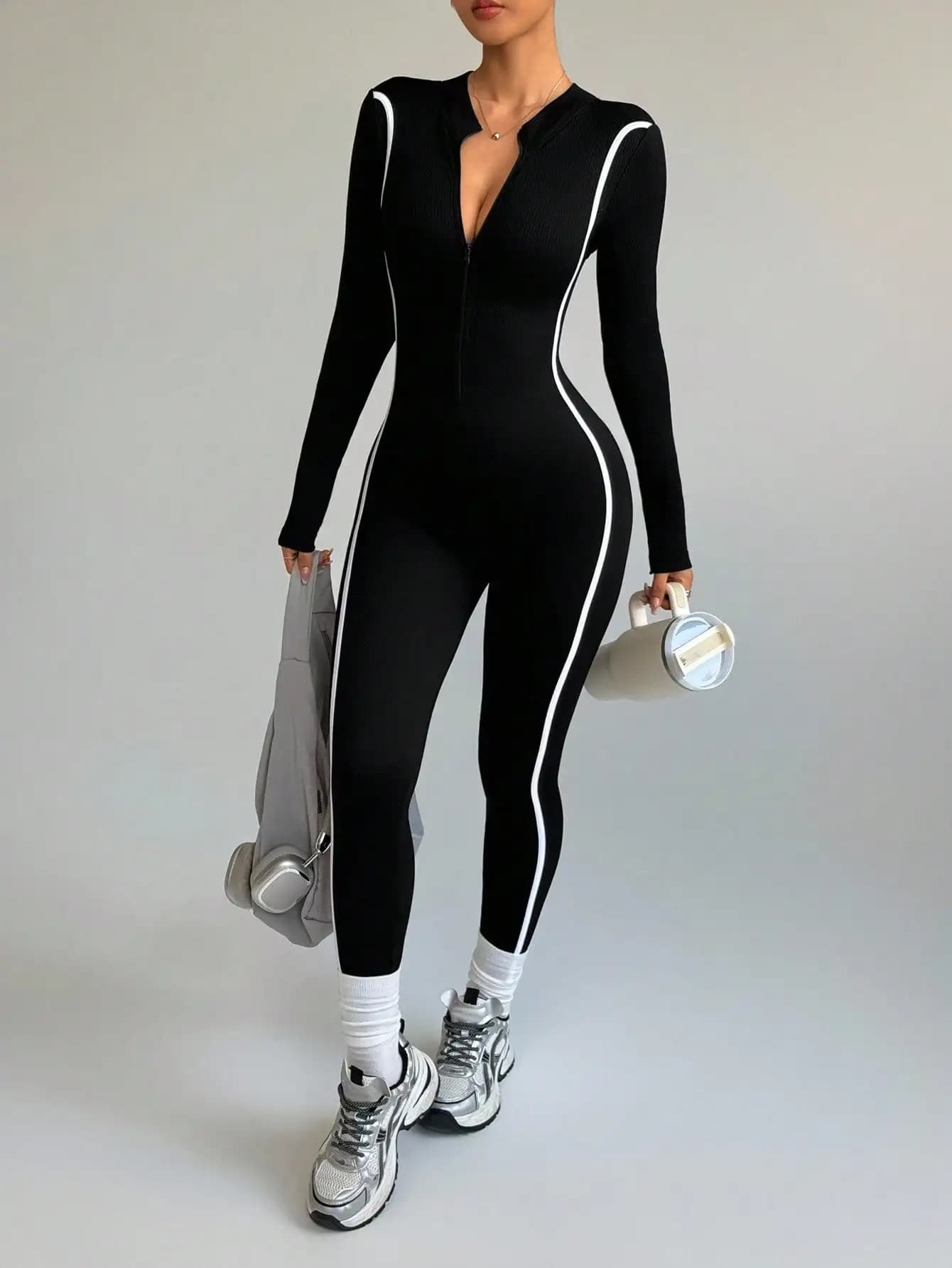 Body da yoga con colletto rialzato a blocchi di colore a righe Abbigliamento sportivo da esterno monopezzo ad asciugatura rapida Abbigliamento fitness a compressione
