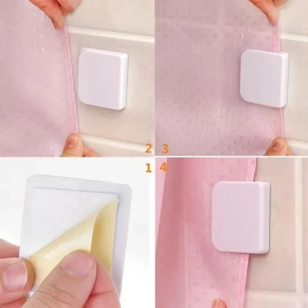 4 pezzi nuovi clip per tende da doccia trasparenti ABS antivento vento gancio fisso paraspruzzi supporti per tende autoadesivi bagno