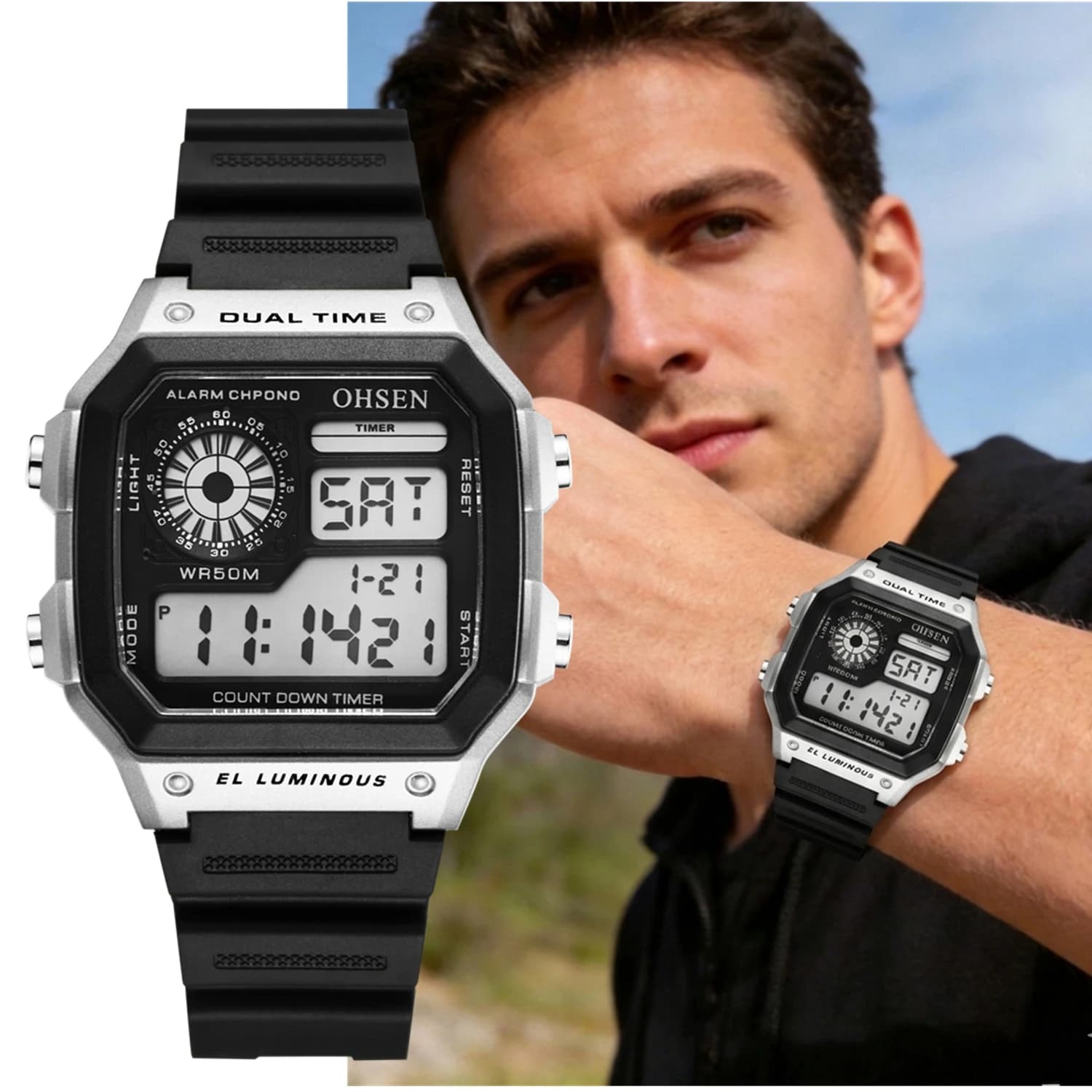 Orologi sportivi digitali da uomo Orologio da polso tattico impermeabile nero 50M Orologio militare elettronico a LED Orologi maschili Cronometro