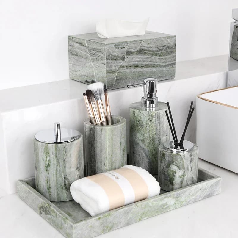 Emerald Green Natural Marble Bathroom Set Luxury Soap Dish Cotton Swabs Jar Reed Diffuser Vanity Tray Bathroom Accessories