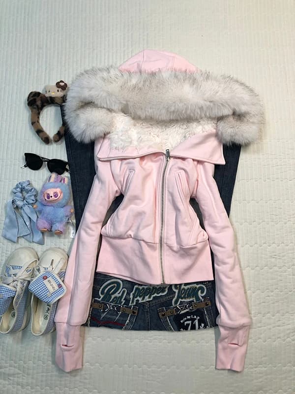 Giacca Rosa con Cappuccio e Bordo in Pelliccia, Design con Cerniera Obliqua, Felpa da Donna Autunno Inverno, Capospalla alla Moda