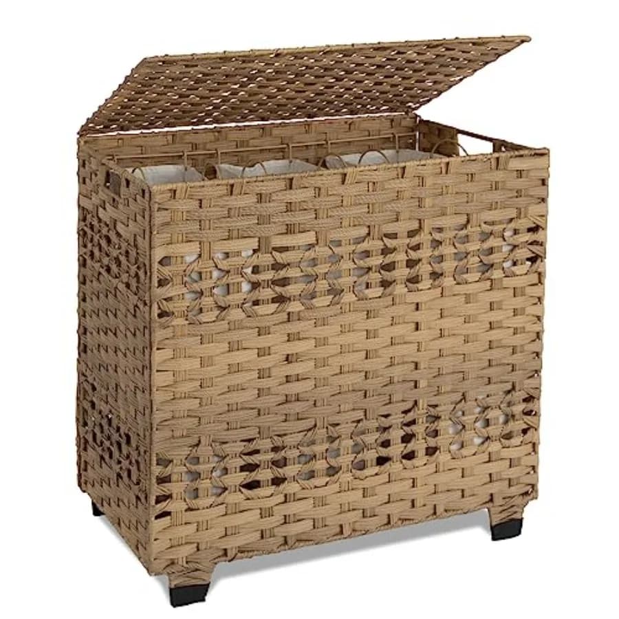 Laundry Hamper with Lid 140L Clothes Hamper with 3 Removable Liner Bags Foldable Basket with Lid Synthetic Wicker Laundry Baske