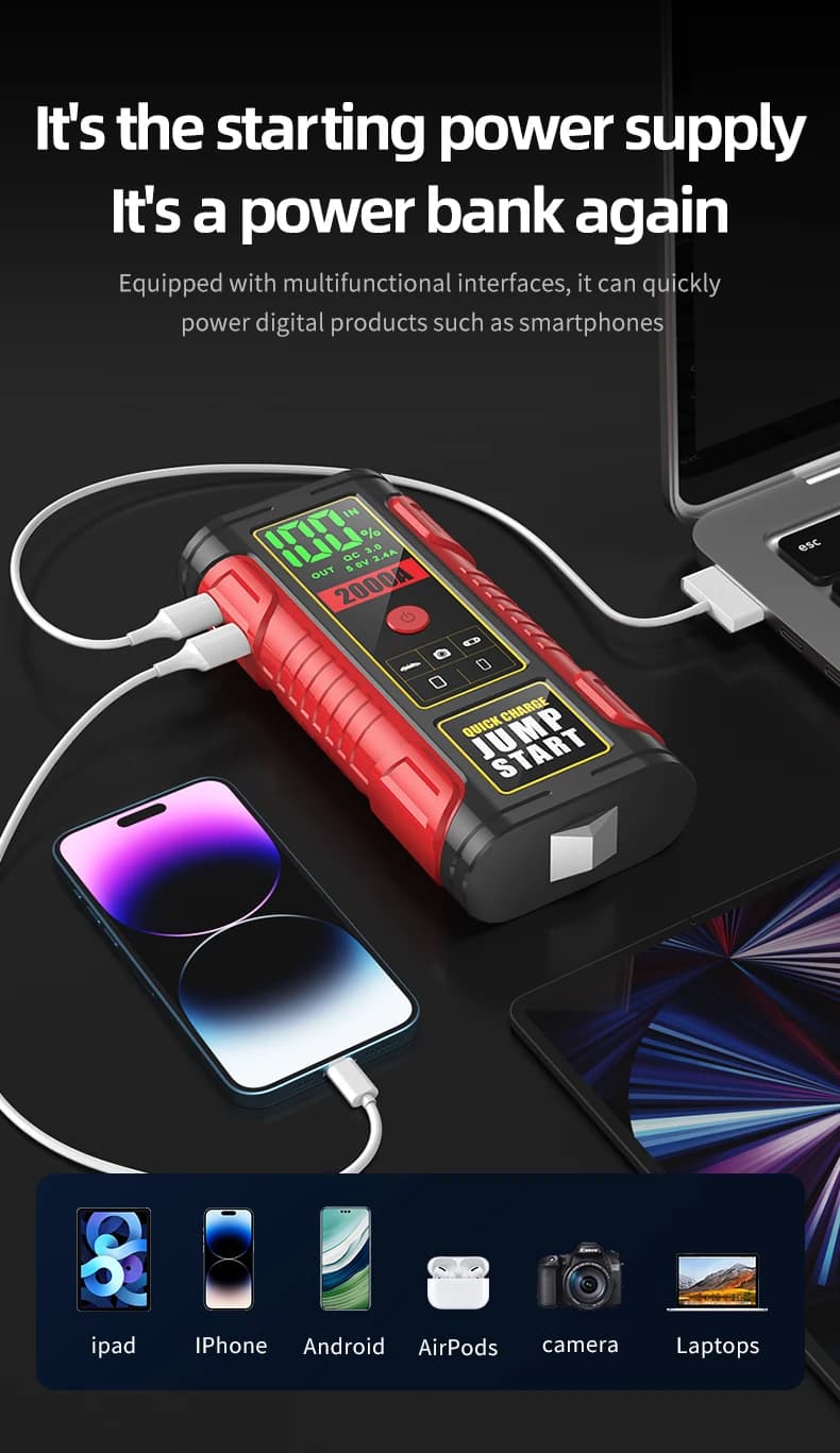 Strumento di Emergenza Auto Tutto-in-Uno 12V: Avviatore d'Emergenza 2000A, Power Bank Portatile e Luce LED, Compatibile con Motori Benzina 8.0L/Diesel 7.0L