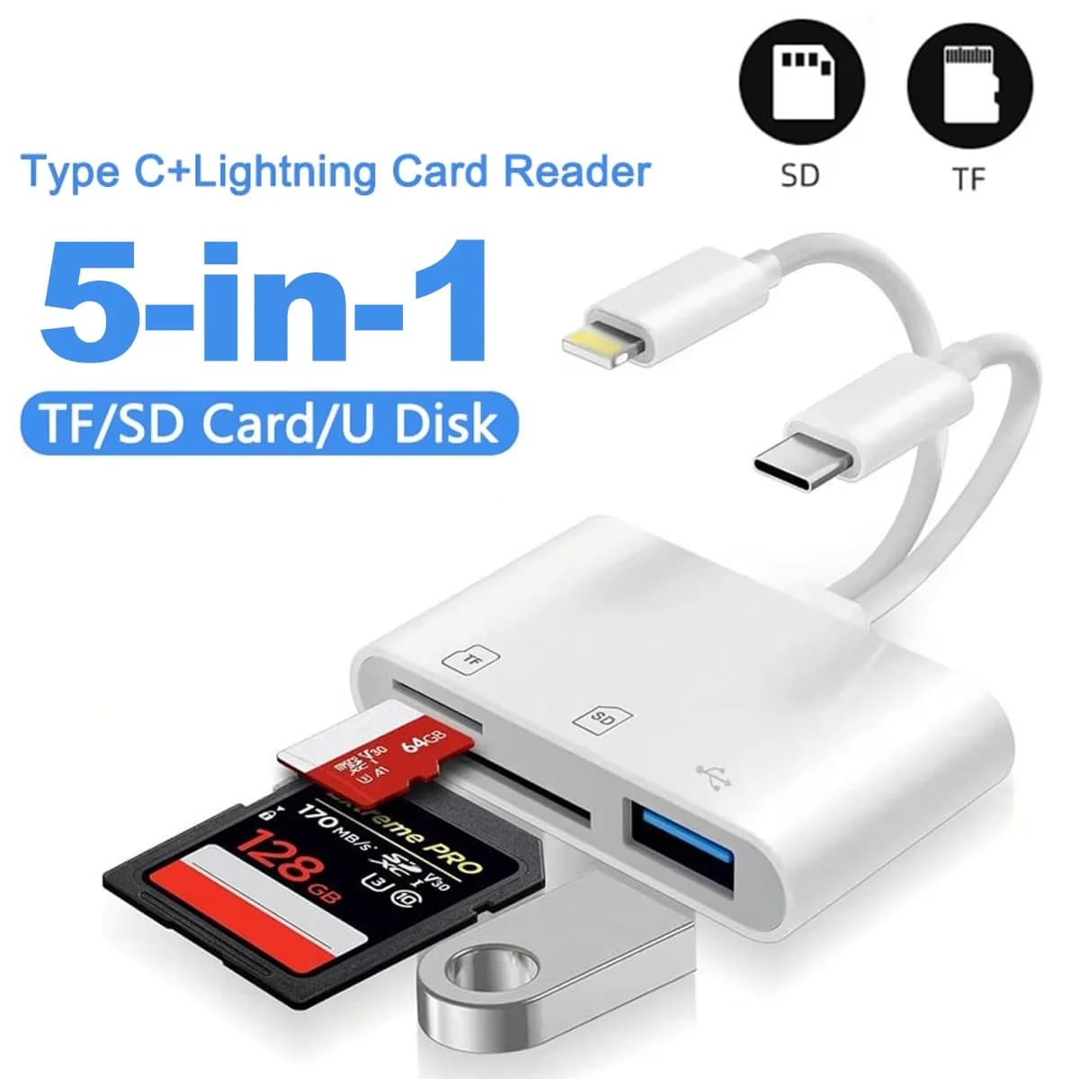 Lettore di schede 5 in 1, adattatore per schede SD/TF da Lightning e Type C a USB 3.0, lettore di schede di memoria per iPhone, iPad, MacBook, Samsung, Android