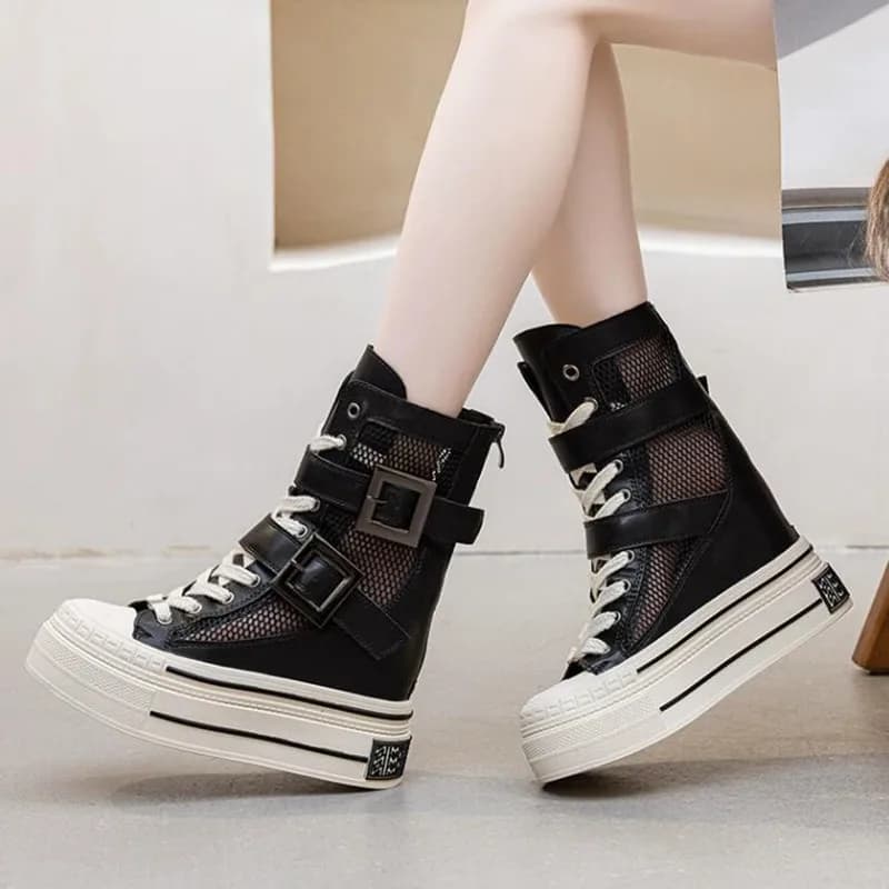 12CM Hollow Genuine Leather Summer Breathable Buckle Wedge Platform Wedge ZIP Fashion Sandals Casual Knee High Ankle Boots Shoes
