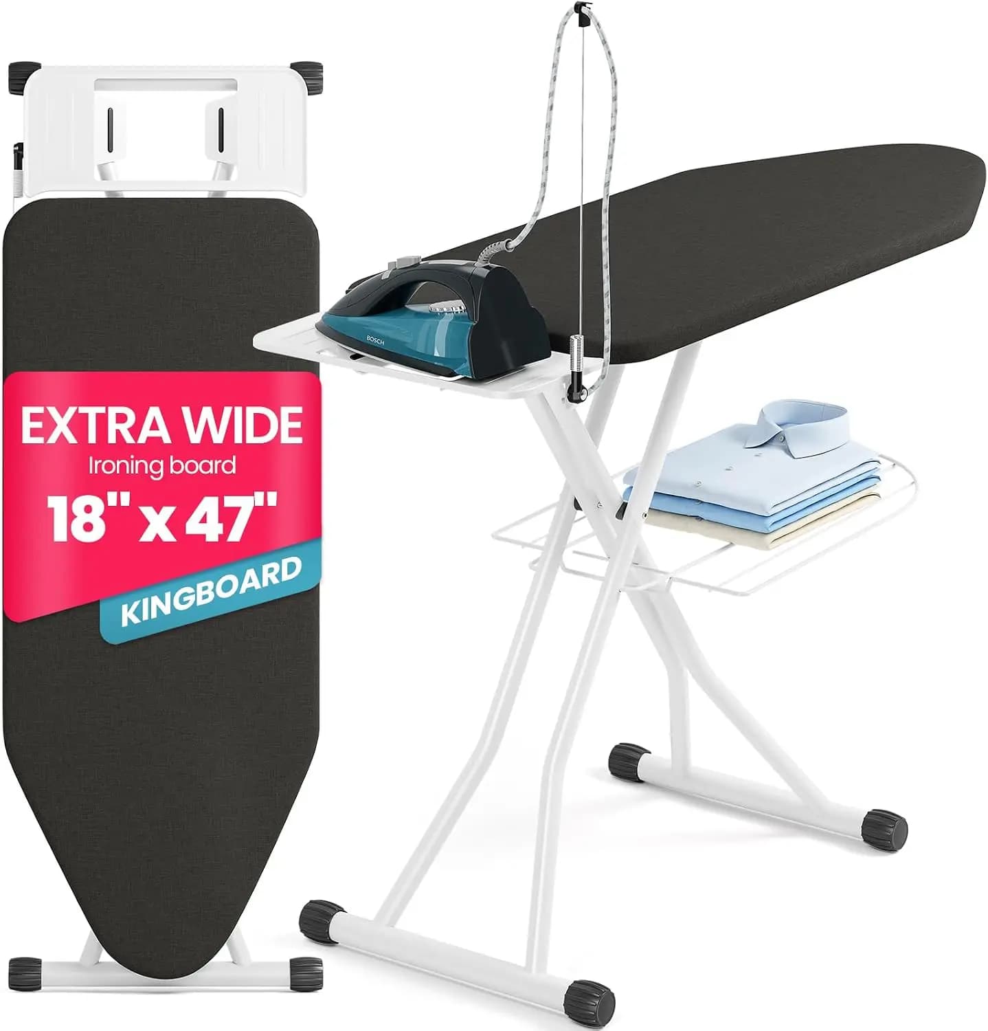 KINGBOARD Extra Wide Ironing Board 18x47 Ironing Surface with Iron Rest and Clothes Shelf, 7-Level Adjustable Foldable Iron Boar