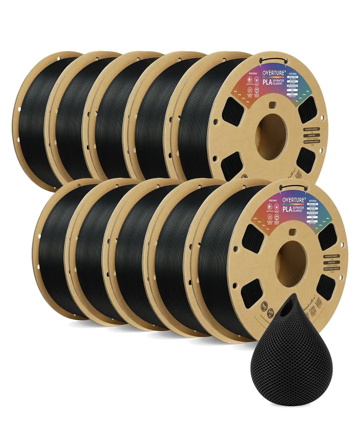 Filamento PLA 10KG 1.75mm, Confezione da 10 Bobine da 1kg per Stampanti 3D FDM, Precisione Dimensionale +/-0.02mm