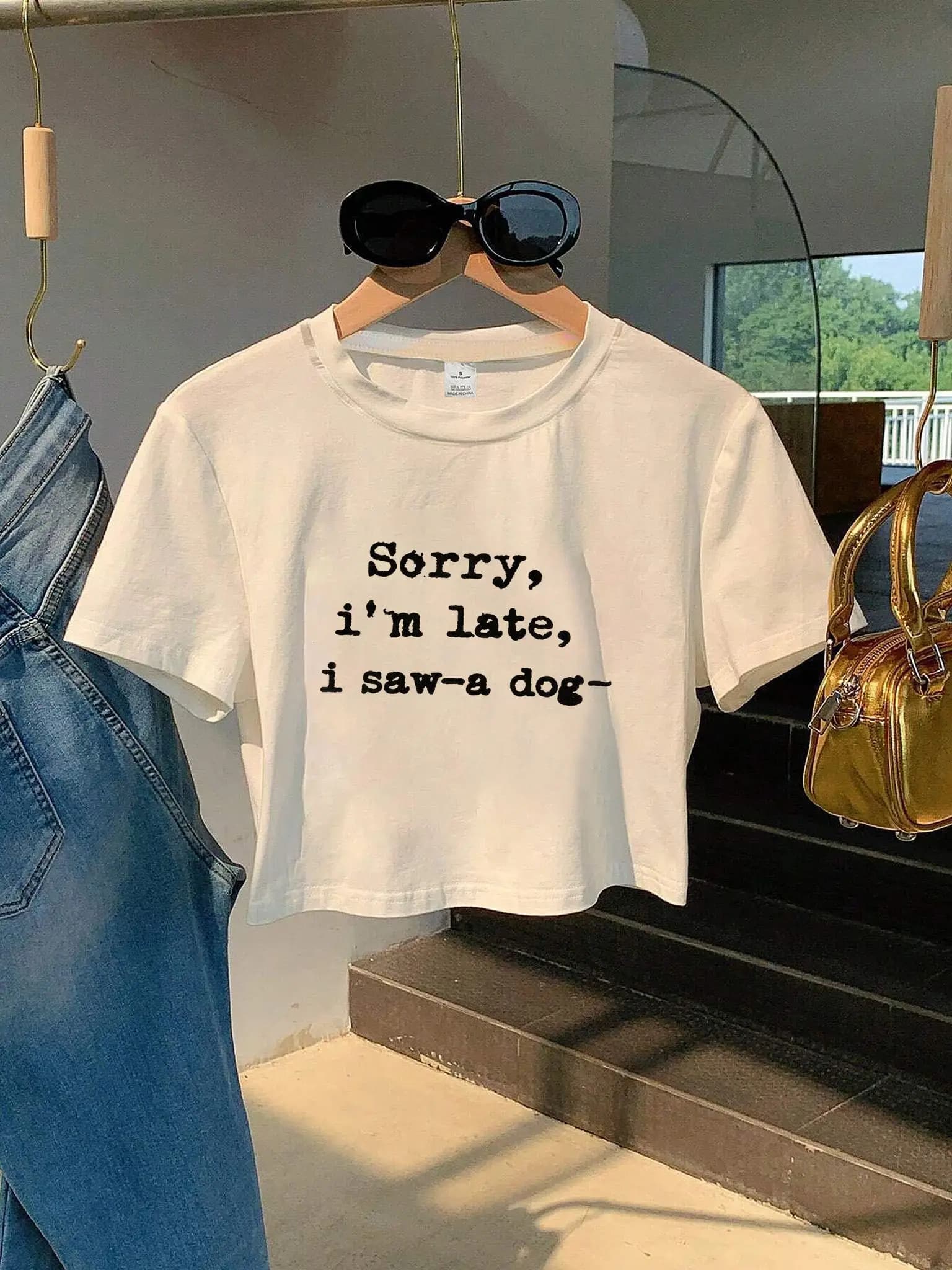 Sorry I'm Late I Saw A Dog White Cropped with Text Crew Neck Sleeve Perfect Outfits Pair with Blue Jeans and Golden Handbag