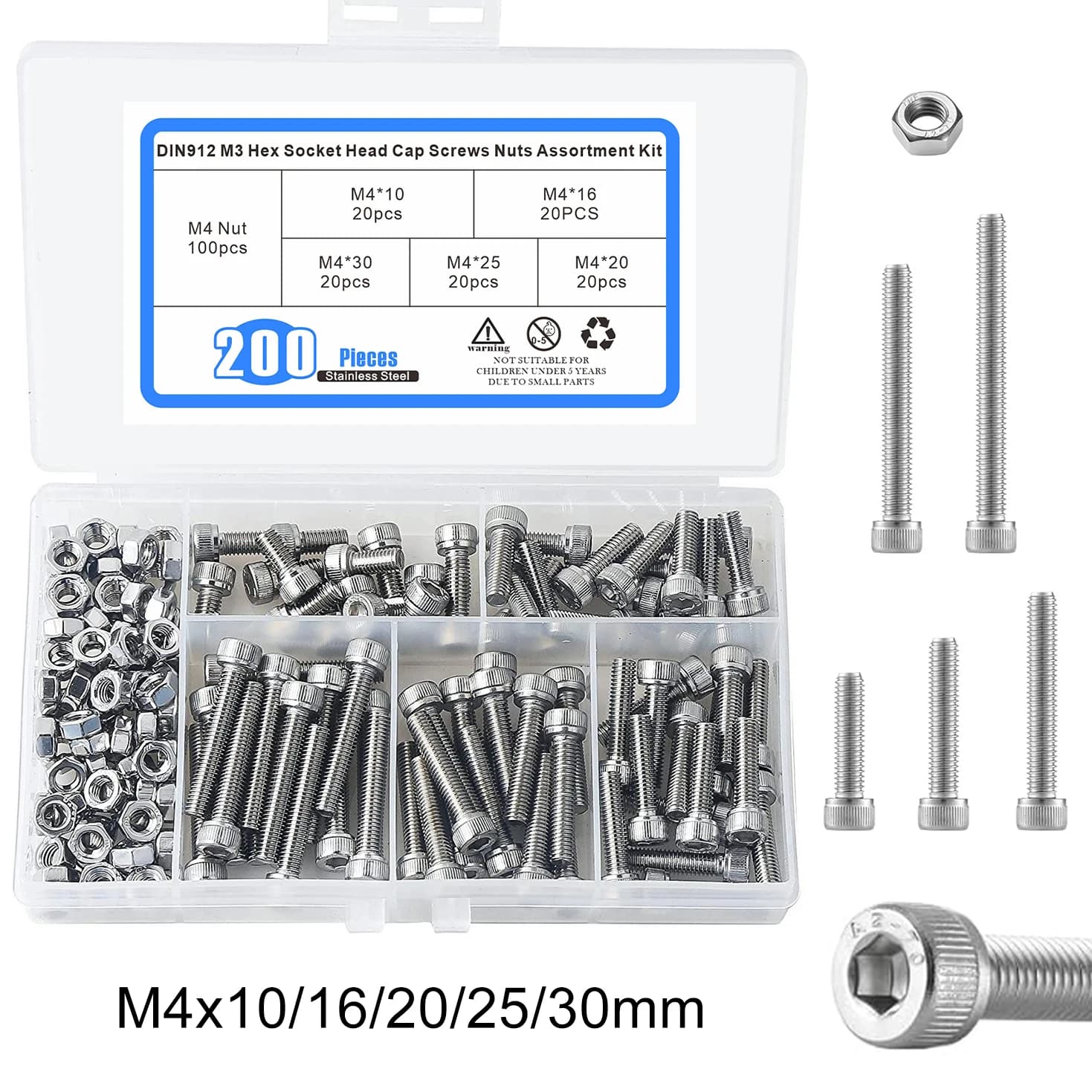 200pcs M4 Screw Kit Hex Socket Head Cap Screws Nuts Assortment Kit, 304 Stainless Steel Metric Bolts for DIY, 3D Printer