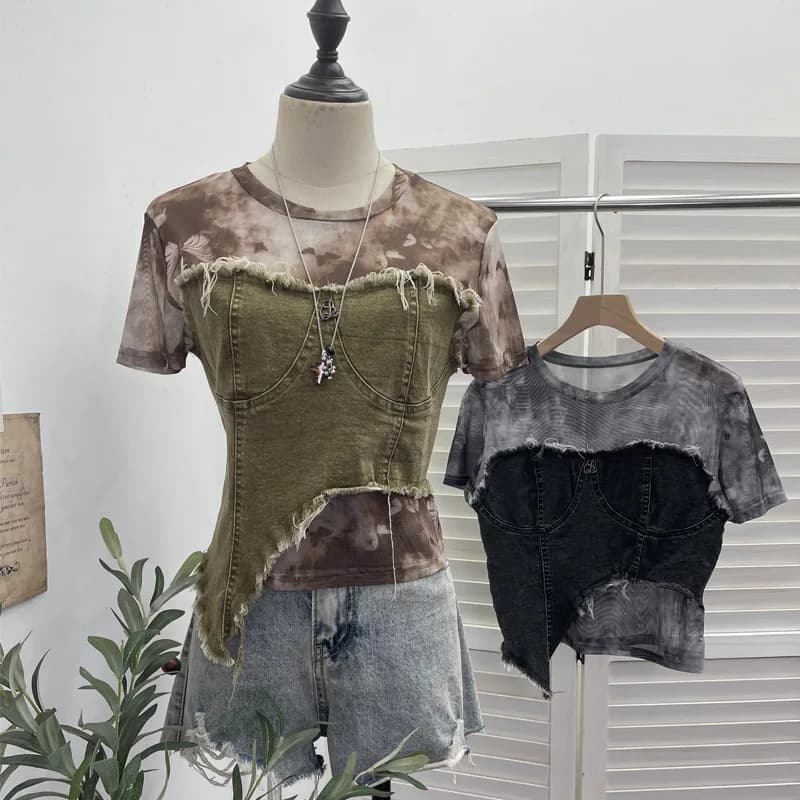 Y2K T-shirt Women Tie Dye Sheer Mesh Spliced Raw Frayed Edge Vintage Distressed Denim Short Sleeve Crop Tee Layering Tops 26171