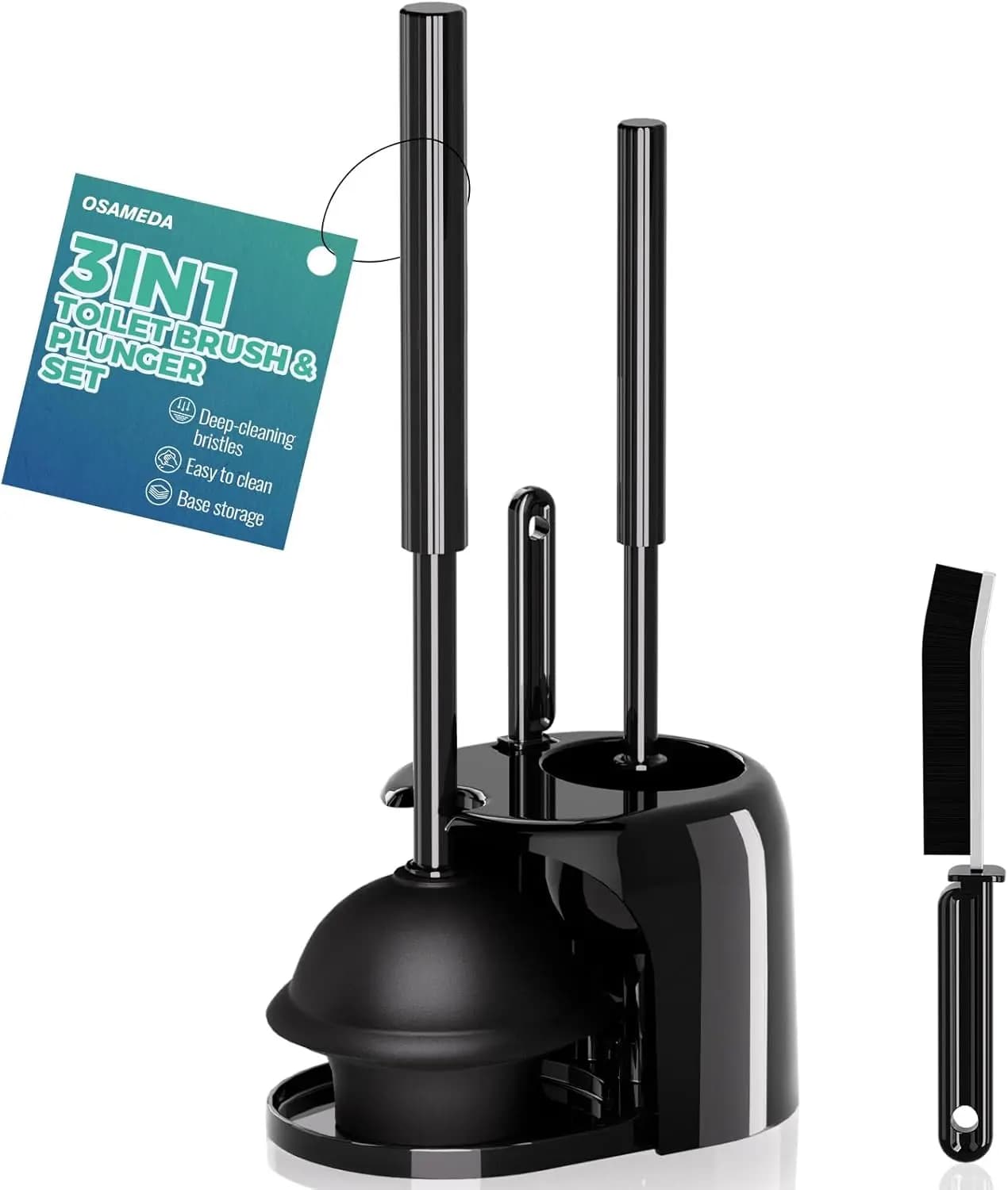 Set 3-in-1 Spazzola per WC e Sturalavandini con Strumento per Fessure, Manico Extra Lungo, Nero