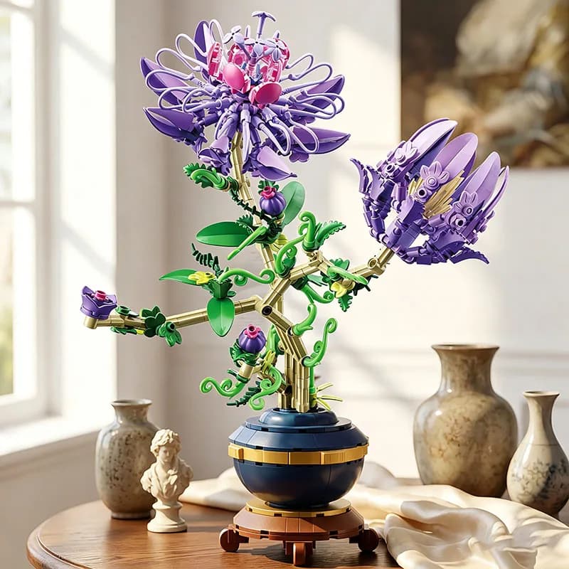 537 Pezzi Bouquet di Fiori Viola in Vaso, Blocchi da Costruzione, Modello Decorativo per Casa, Giocattolo, Regalo per Coppie, Regalo per le Feste