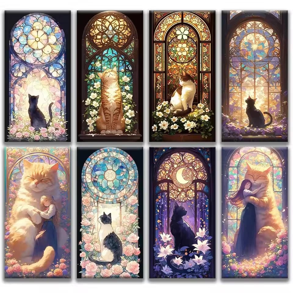 Kit Pittura Diamante Fai da Te, Mosaico Gatto Felice, Ricamo 5D con Strass Quadrati e Rotondi, Punto Croce, Decorazione Murale per Casa
