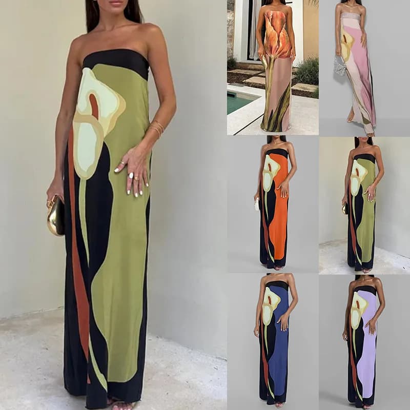 Fashionable Floral Print Off-Shoulder Bridesmaid Dress Sexy Backless Wrap Chest Design Loose Waist Polyester Casual Elegant S...