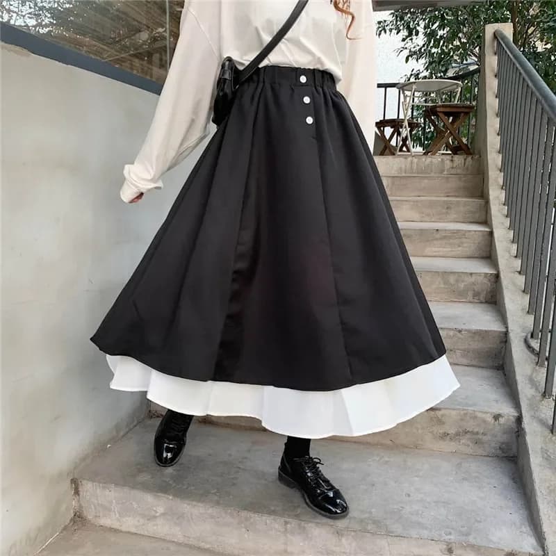 2025 Gonne da donna a vita alta stile coreano patchwork casual lungo a trapezio gonna semplice donna