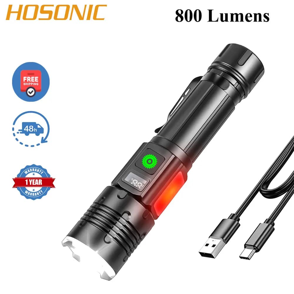 HOSONIC 1660 800LM Tactical Powerful Bank Zoomable LED Flashlight COB Type-C Rechargeable Clip Torch Power Bank Emergency Biking