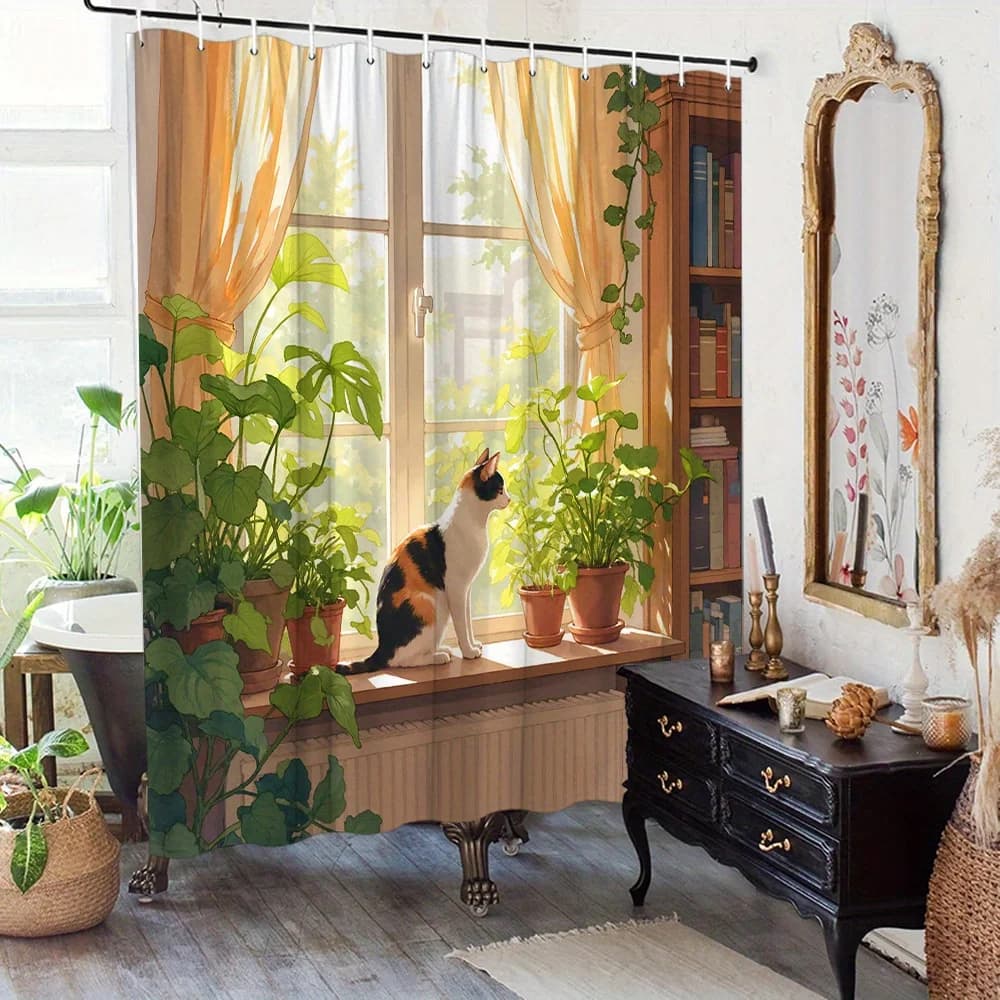 Warm Cottage Calico Cat Window Green Potted Plant Print Shower Curtain Waterproof Mildew Resistant With Plastic Hooks Quick Inst