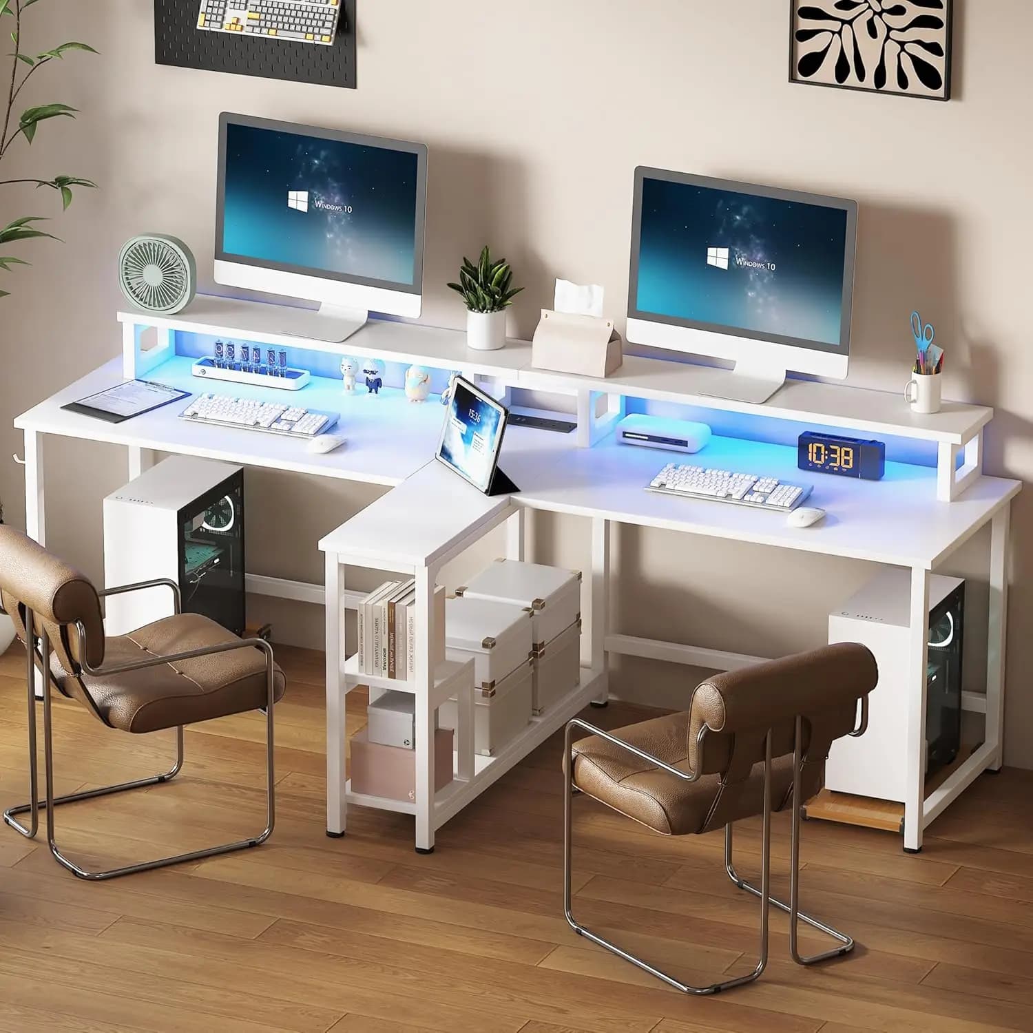 Scrivania da Gaming LED per 2 Persone con Presa di Corrente, Supporto Monitor e Ripiani, 83,7 Pollici, per Casa e Ufficio, Personalizzabile
