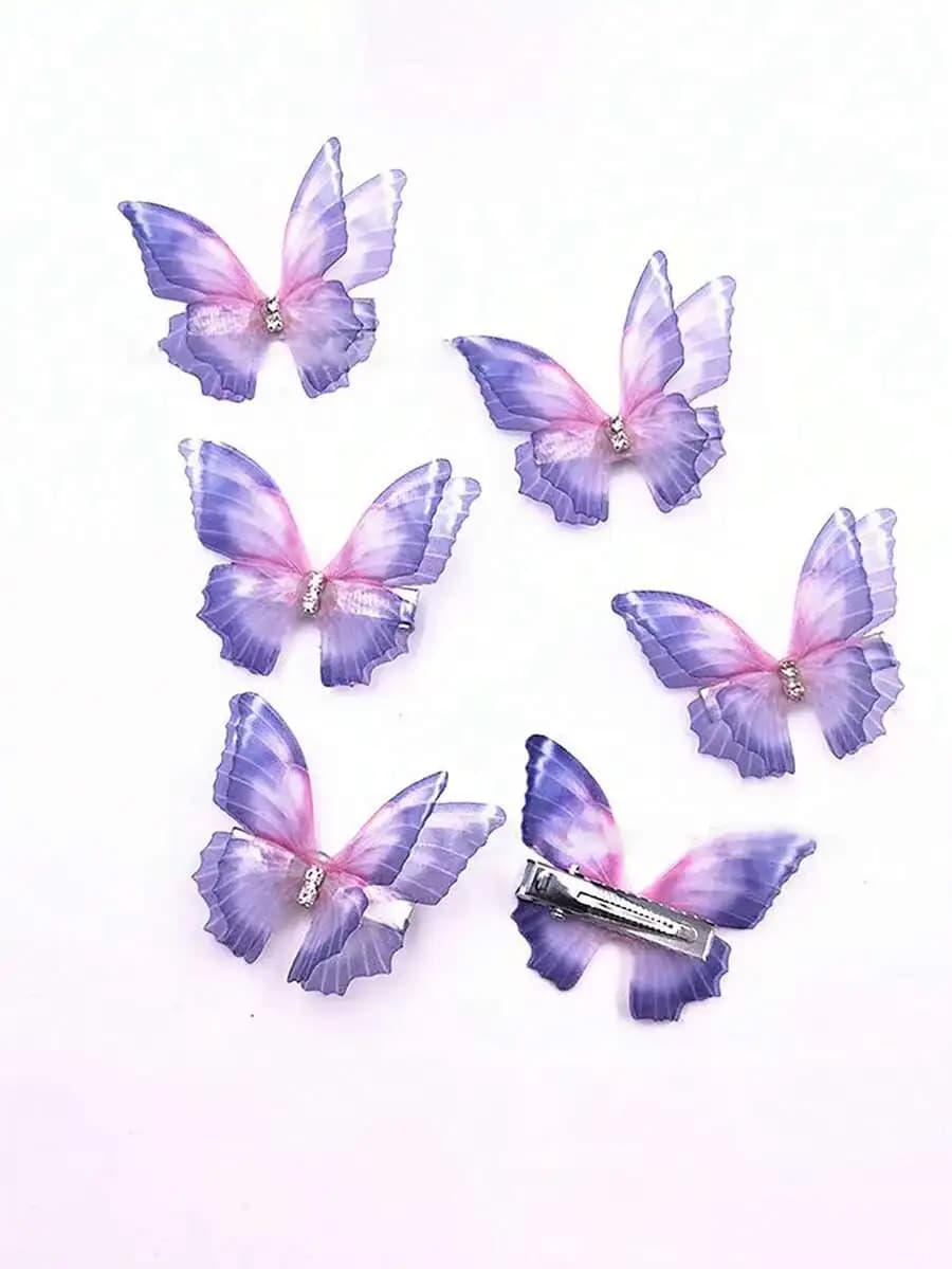 6pcs Purple Pink Organza Butterfly Hair Clips For Women Handmade Crocodile Clip Hair Accessories
