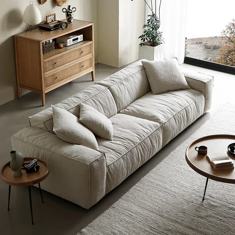 Wabi sand wind linen fabric sofa tofu block Nordic living room straight corner cotton and linen cream wind sofa removable and wa