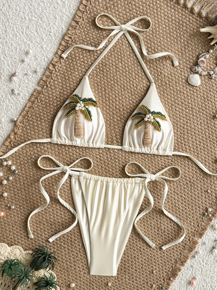 3D Coconut Tree Halter Perle Mini Micro Bikini Costume da bagno donna Costumi da bagno femminili Bikini a due pezzi Costume da bagno bagnante Costume da bagno