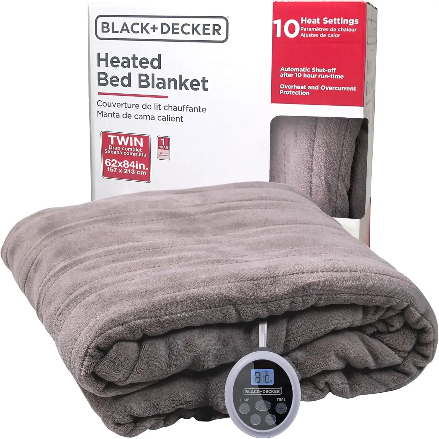 Electric Heated Twin Blanket, Micro Plush with 10 Heat Levels, Timer, Auto Shutoff, Fast Heating (84x90 inches, Grey)