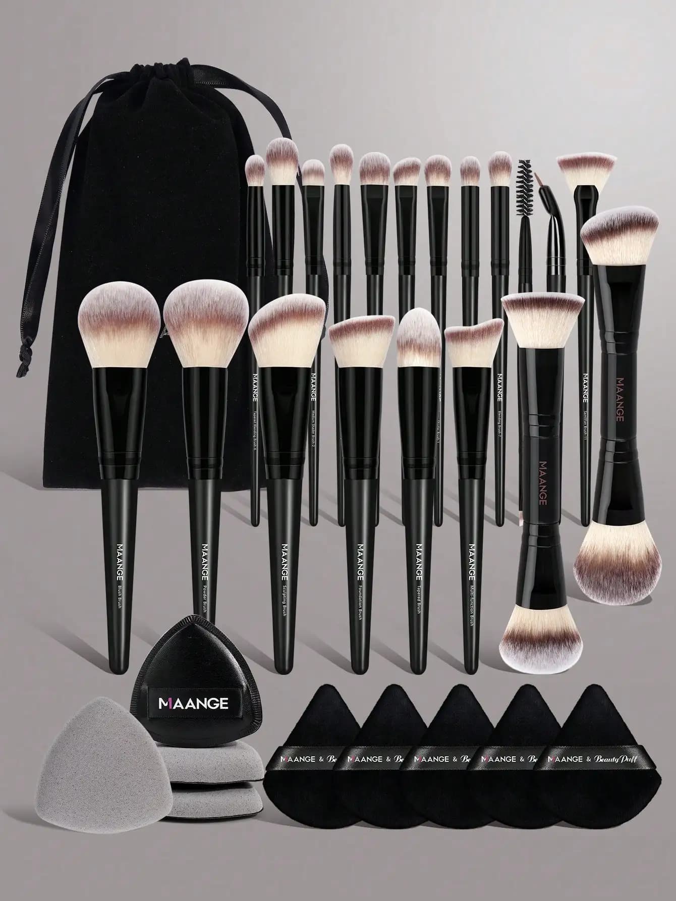 Set di pennelli per trucco professionali da 18 pezzi, include una borsa per il trucco e 5 spugne triangolari per il trucco, contiene pennello per fondotinta, pennello per ombretto, pennello per sfumare, pennello per sopracciglia, ecc. Ideale per il trucco da viaggio, perfetto come set regalo per il trucco.