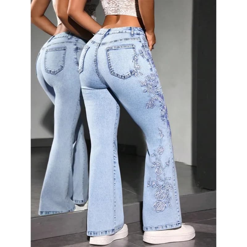 Women's Jeans Trendy Embroidery Bell Bottom Pants High Stretch Mid Rise Denim Casual Trousers
