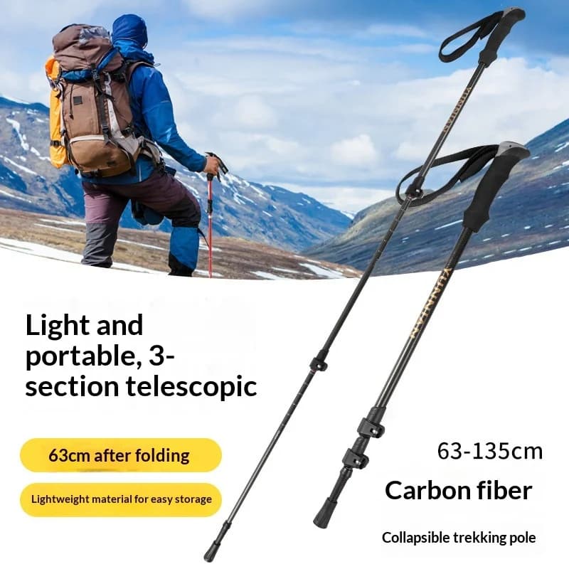 Bastone da Trekking in Fibra di Carbonio Ultraleggero Robusto a Tre Sezioni con Blocco Esterno Telescopico Regolabile Antiurto per Escursionismo