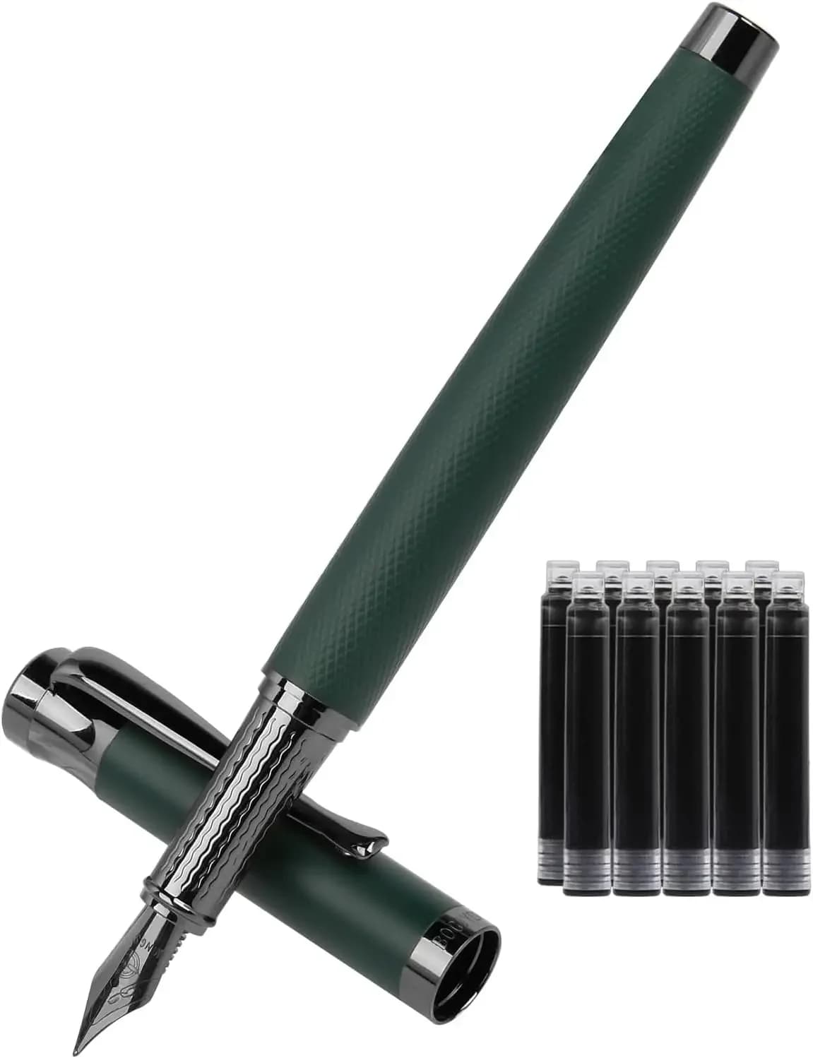 Luxury Fountain Pen Set, Medium Nib, Smooth Writing, 10 Ink Cartridges & Converter, Gift Case for Men & Women, Green