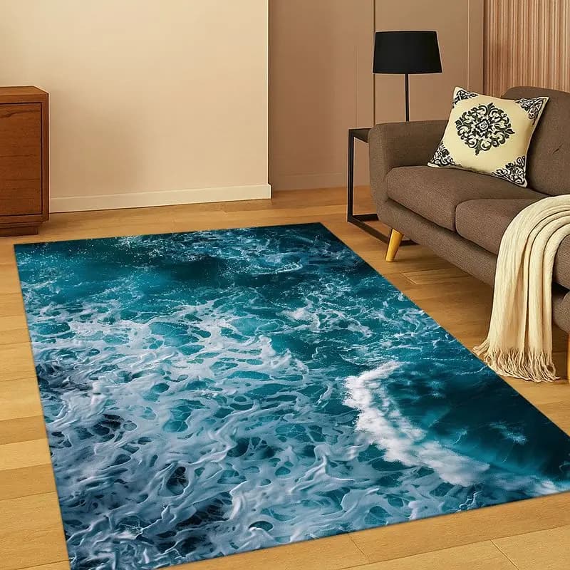 Blue Sea Waves Scenery Carpet Rug for Bedroom Living Room Sofa Playroom Doormat Home Decor, Game Area Rug Non-slip Gift