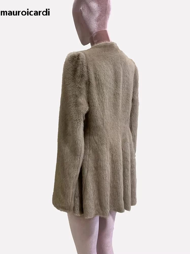 Mauroicardi Elegant luxury short dressing winter coat thick soft warm with synthetic mink fur skirt for women with long sleeves