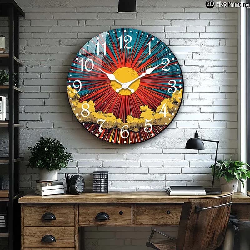 Silent wall clock in wood abstract clouds sunburst Quartz analogue watch Bed Idea for bathroom Christmas Halloween