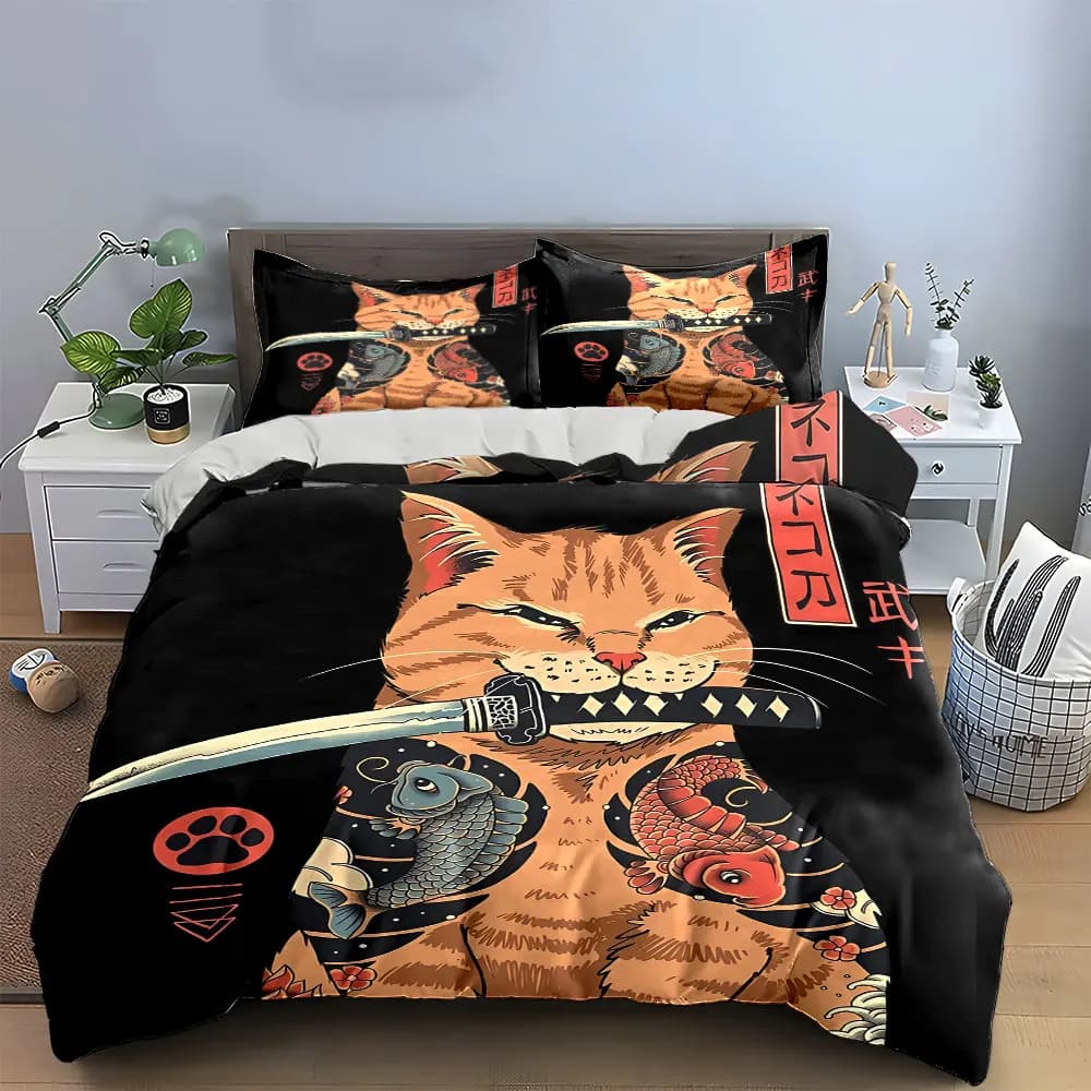 Set di biancheria da letto Samurai Cat Decor con 1 copripiumino e 2 federe, singolo, matrimoniale, king, queen, regalo