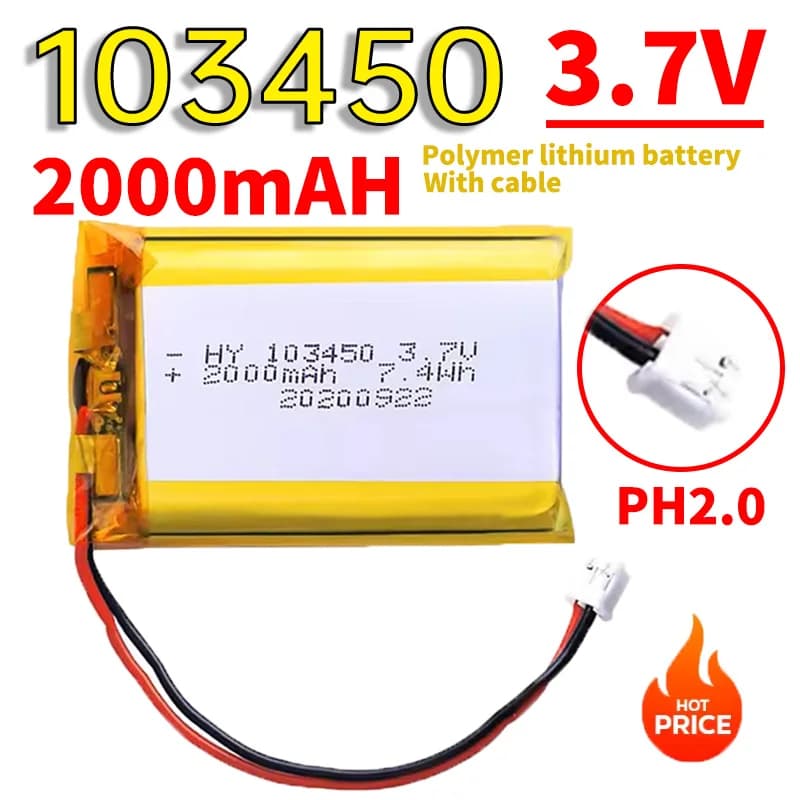 2000mAh 3.7V 103450 Polymer Rechargeable Battery PH 2.0mm 2pin Plug for GPS MP3 MP4 Power Bank Navigator Bluetooth Headset