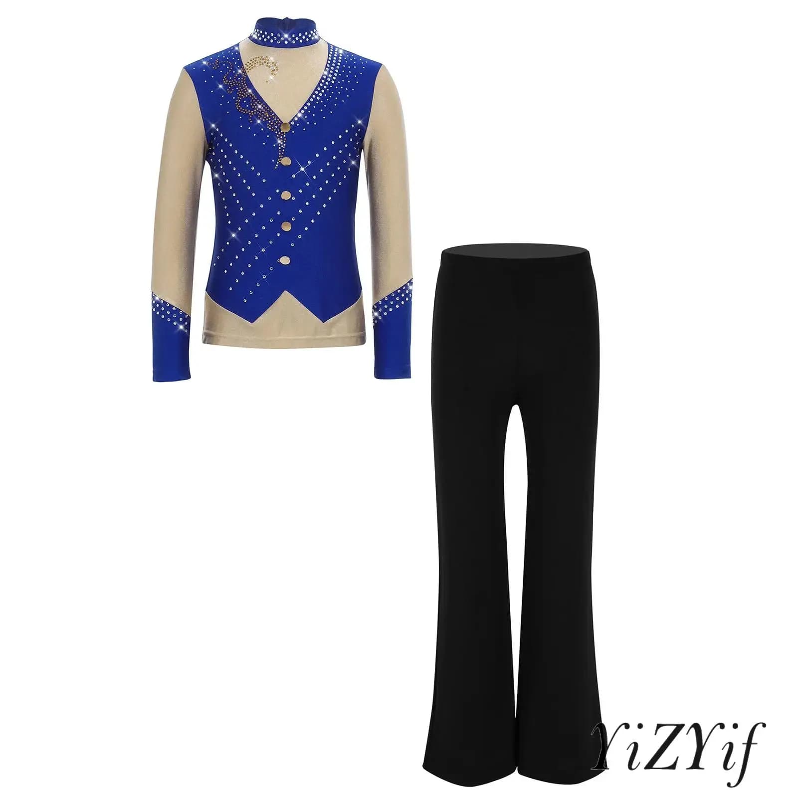 Costumi da pattinaggio artistico per bambini, 2 pezzi, con strass scintillanti, maniche lunghe, cerniera invisibile sul retro e pantaloni elasticizzati a gamba larga