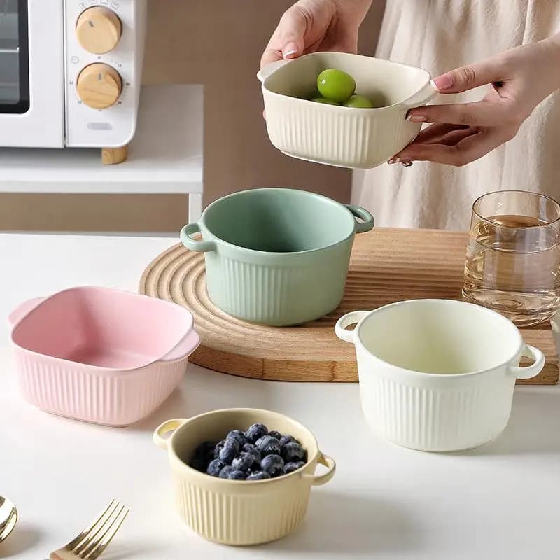 Ciotola in Ceramica Moderna e Semplice con Doppio Manico, Ciotola per Insalata, Utensili da Forno per Friggitrice ad Aria, Forno, Microonde, Piatto Irregolare per Adulti