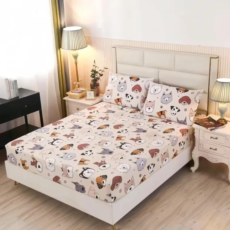 Cartoon Cute Dog Cat Pattern Printed Fitted Sheet,Children Bedroom Bed Cover Set,Puppy pattern Bedding Set with Pillowcases