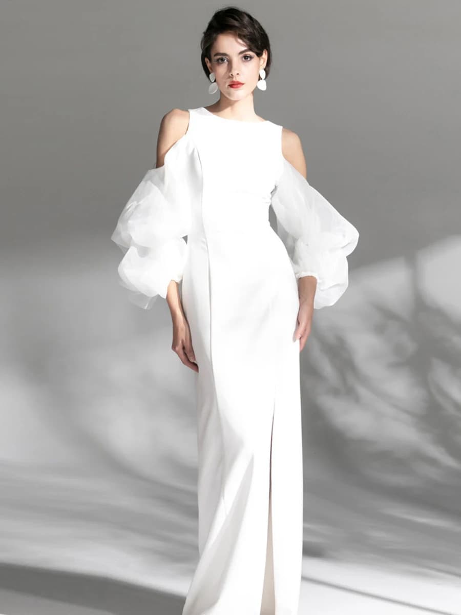 White Long Sleeve Satin Evening Gown Slimming Floor Length Split Hostess Dress for Year End Party Birthday Fashionable Bubble...