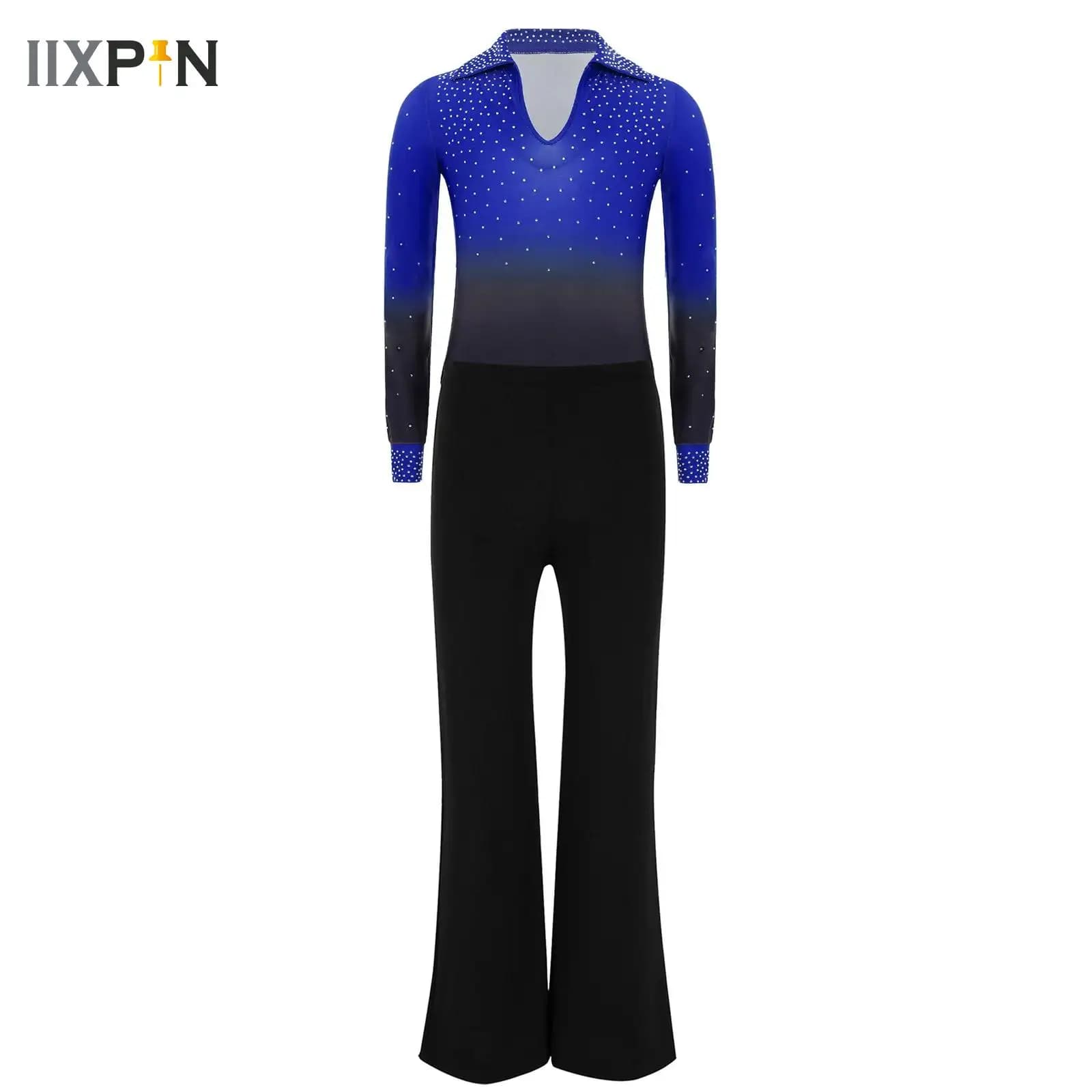 Maglia da ginnastica per bambini Body da pattinaggio di figura per ragazzi Manica lunga Strass Body da ballo latino per ballo di tango con set di pantaloni