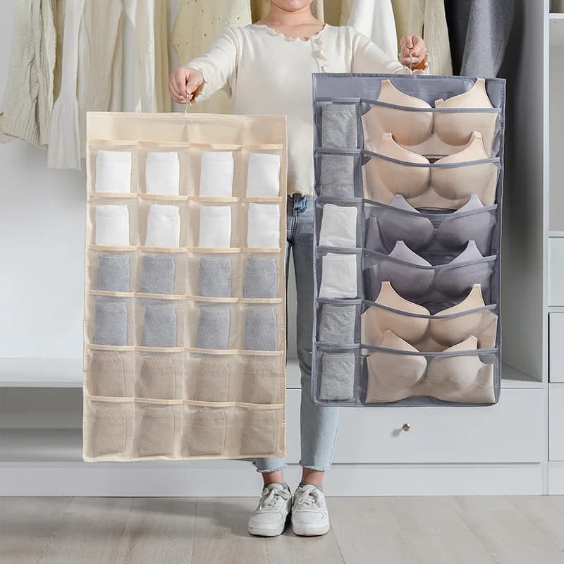Non-Woven Double-Sided Underwear Storage Bag Wardrobe Hanging Bag Folding Clothing Organizer Transparent Socks Bra Storage Bags